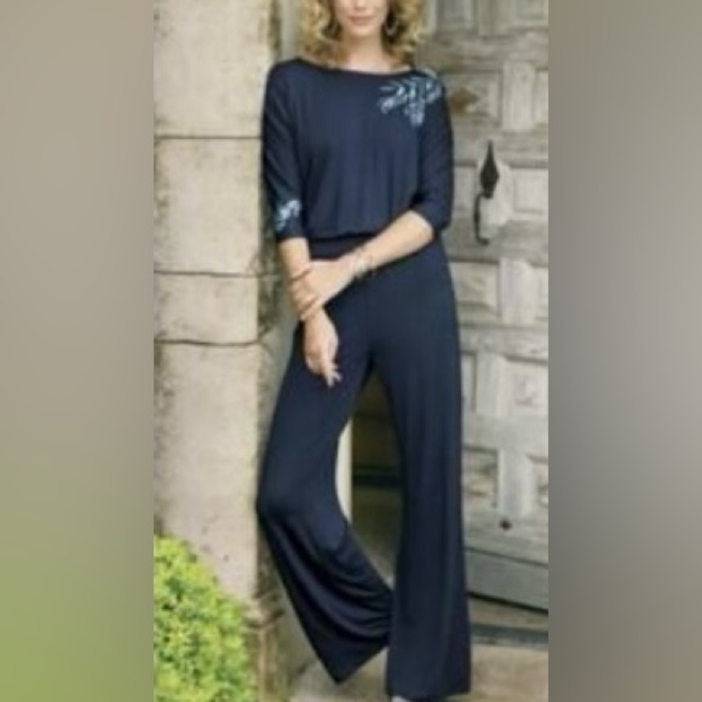 Soft Surroundings Quarter Sleeve Floral Embroidered Jumpsuit